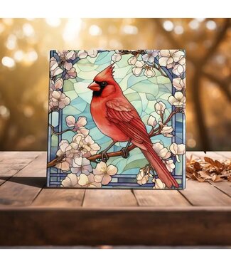 Stained Glass Splendor - Cardinal Among Blossoms Art Tile