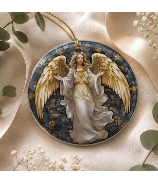 Angel Ceramic Ornament, Gold Starry Christmas Art