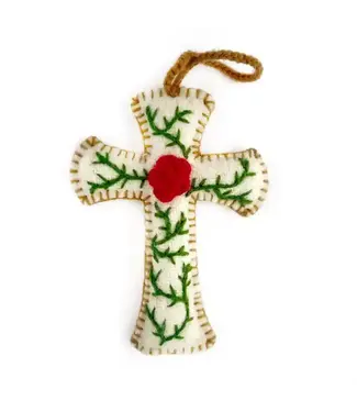 Cross with Rose Embroidered Wool Christmas Ornament