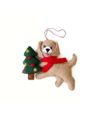 Dog with Tree Felt Wool Christmas Ornament