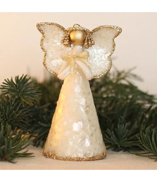 4.5" Capiz Flakes Angel Ornament W/Glitter (Ecru/Gold)