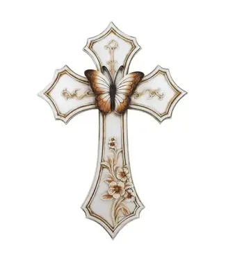 Butterfly White Floral Vintage Wall Cross