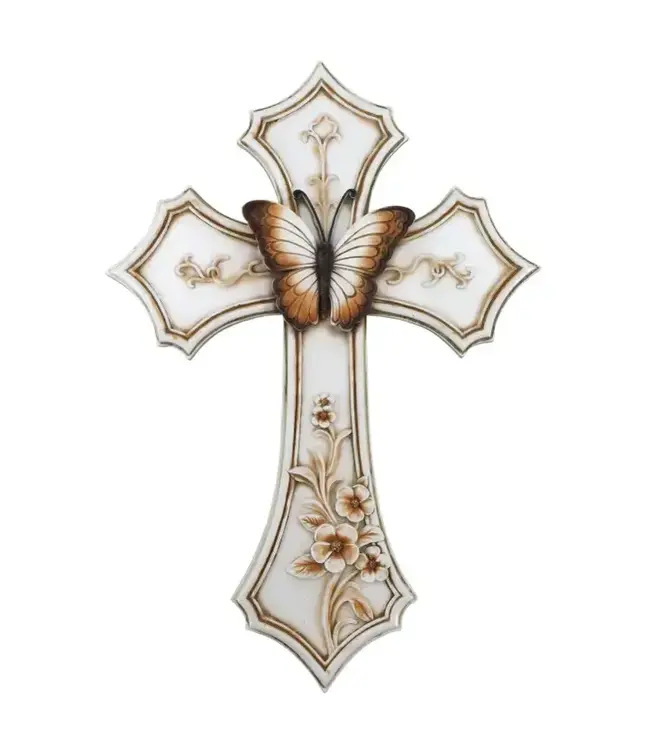 Butterfly White Floral Vintage Wall Cross
