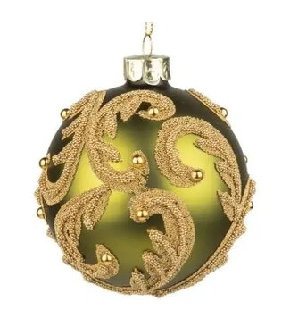 Jeweled Green Glass Ball Orn, Gld Bead Branch, 3in