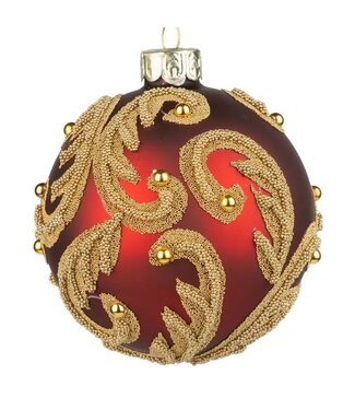Jeweled Red Glass Ball Orn, Gld Bead Branch, 3in