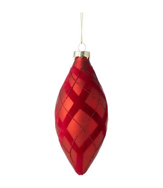 Glass Finial Orn,Matte Red w/ Matching Flock/Glitter