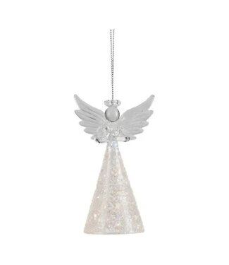 Glass Angel Orn,Clear w/ White Glitter Skirt 3.5in