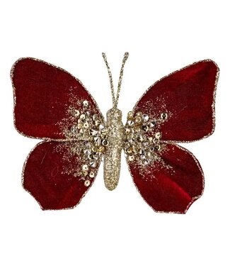 Red Butterfly Clip On, Velvet with Gold Glitter, 5"