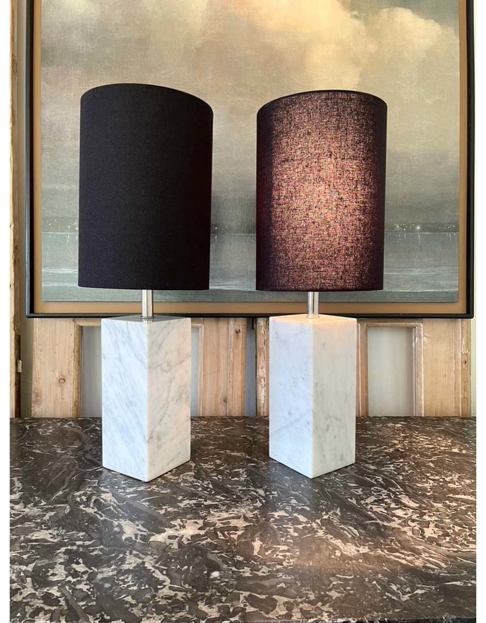 Pair of Marble Square Column Table Lamps in the Manner of T.H. Robsjohn-Gibbings