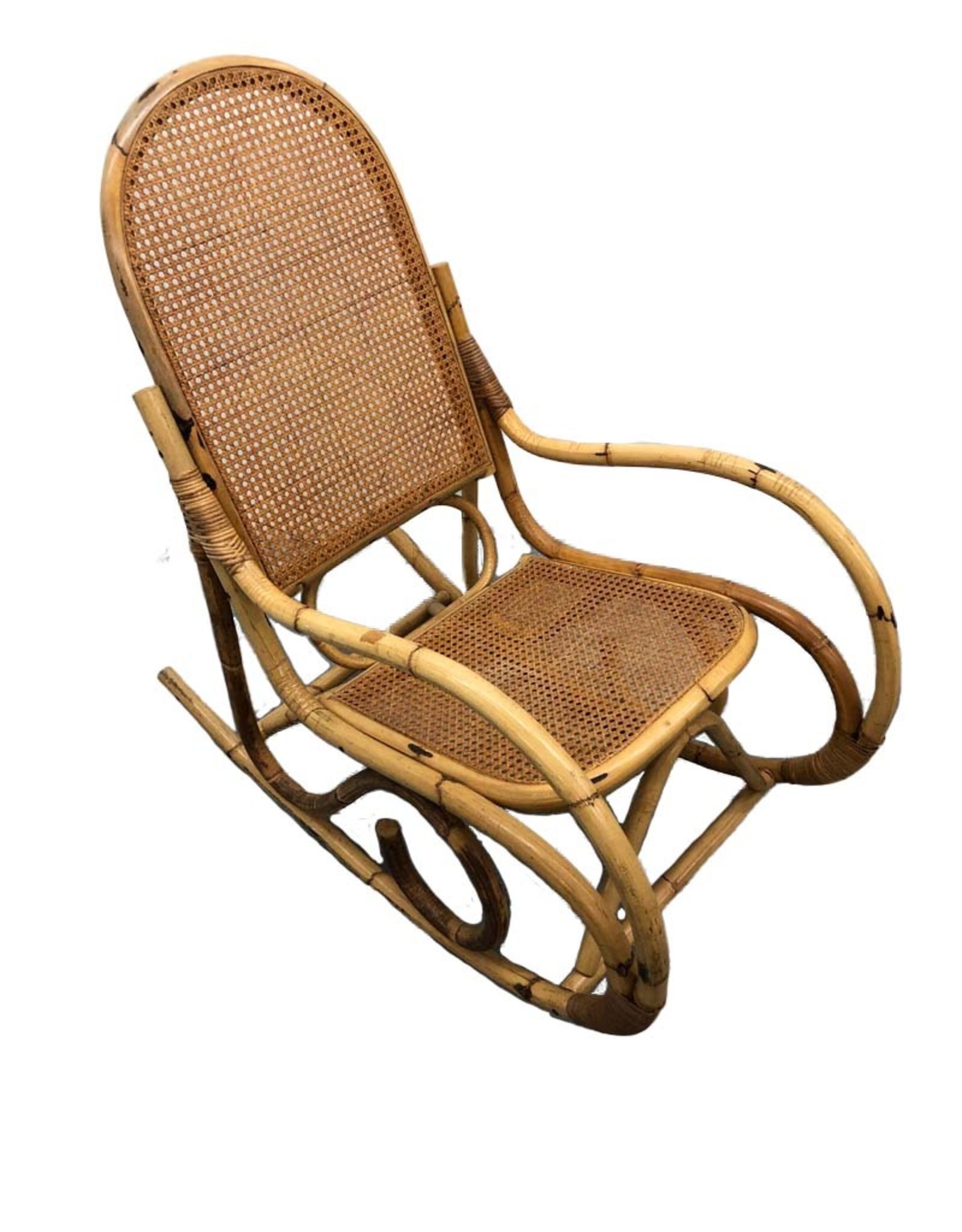 Mid-Century Modern French Rattan and Caned Rocking Chair