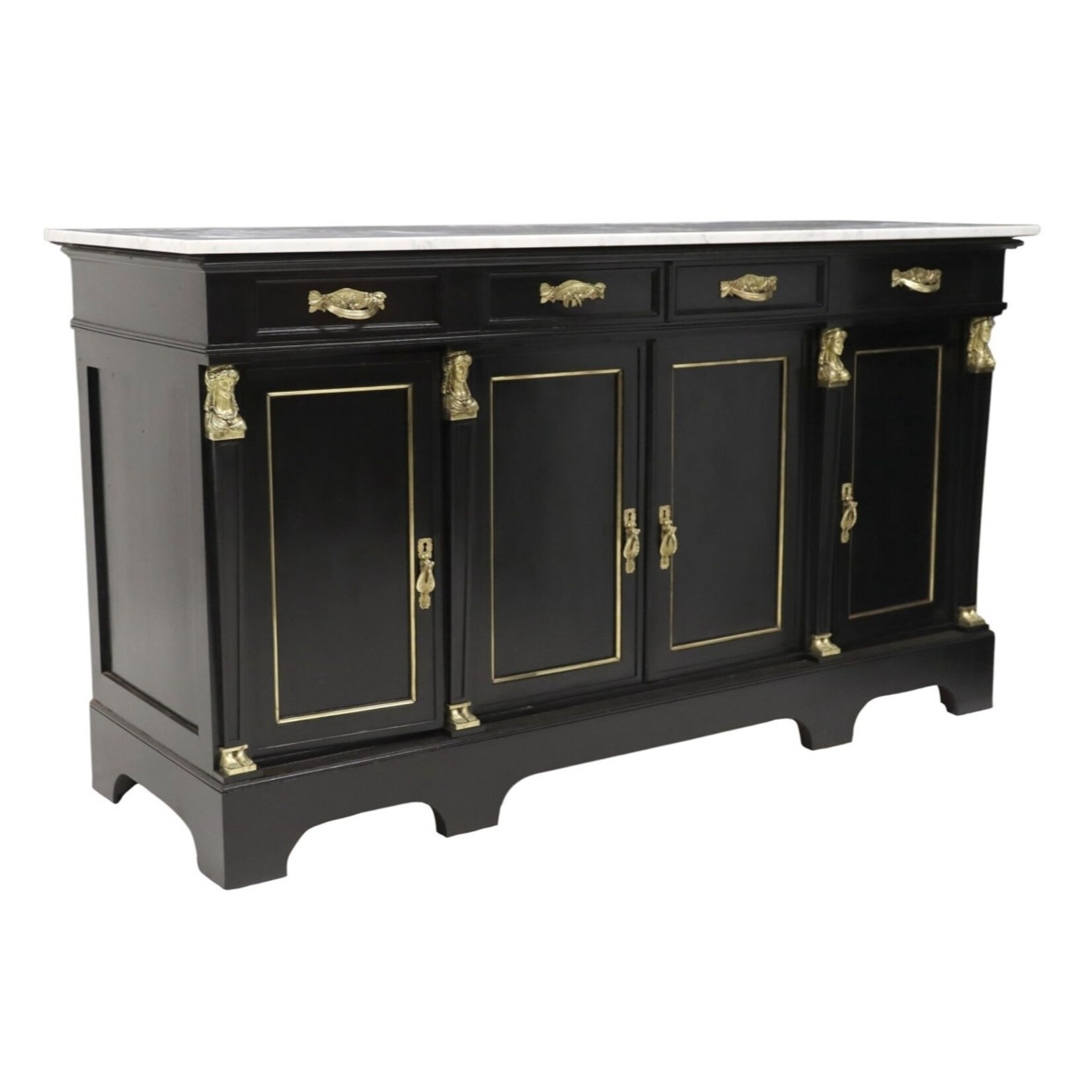 French Empire Style Marble Top Black-Painted Sideboard