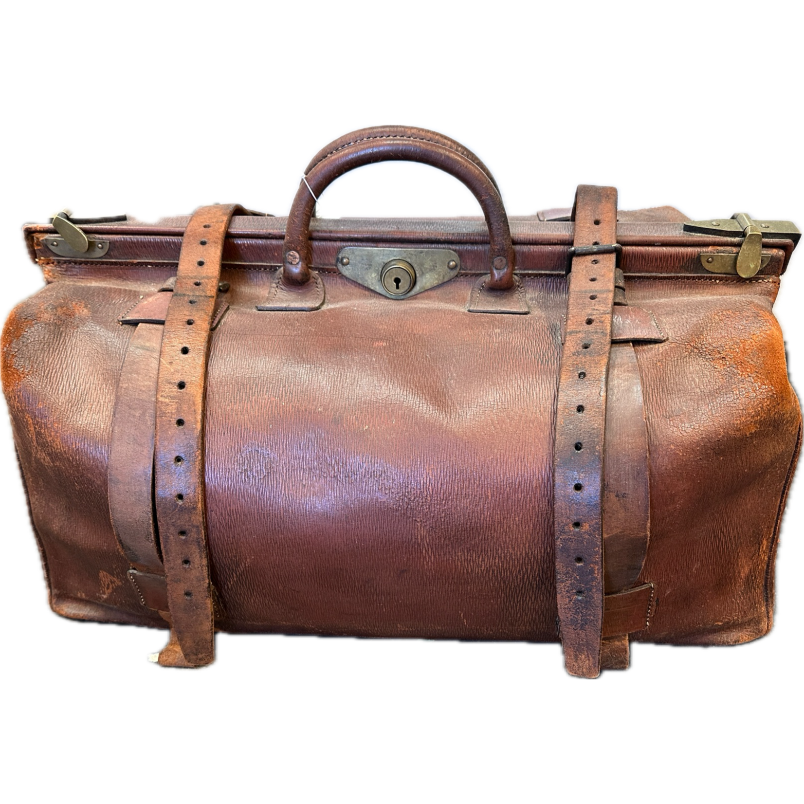 19th Century Large Antique Leather Traveling Luggage with Brass Accents