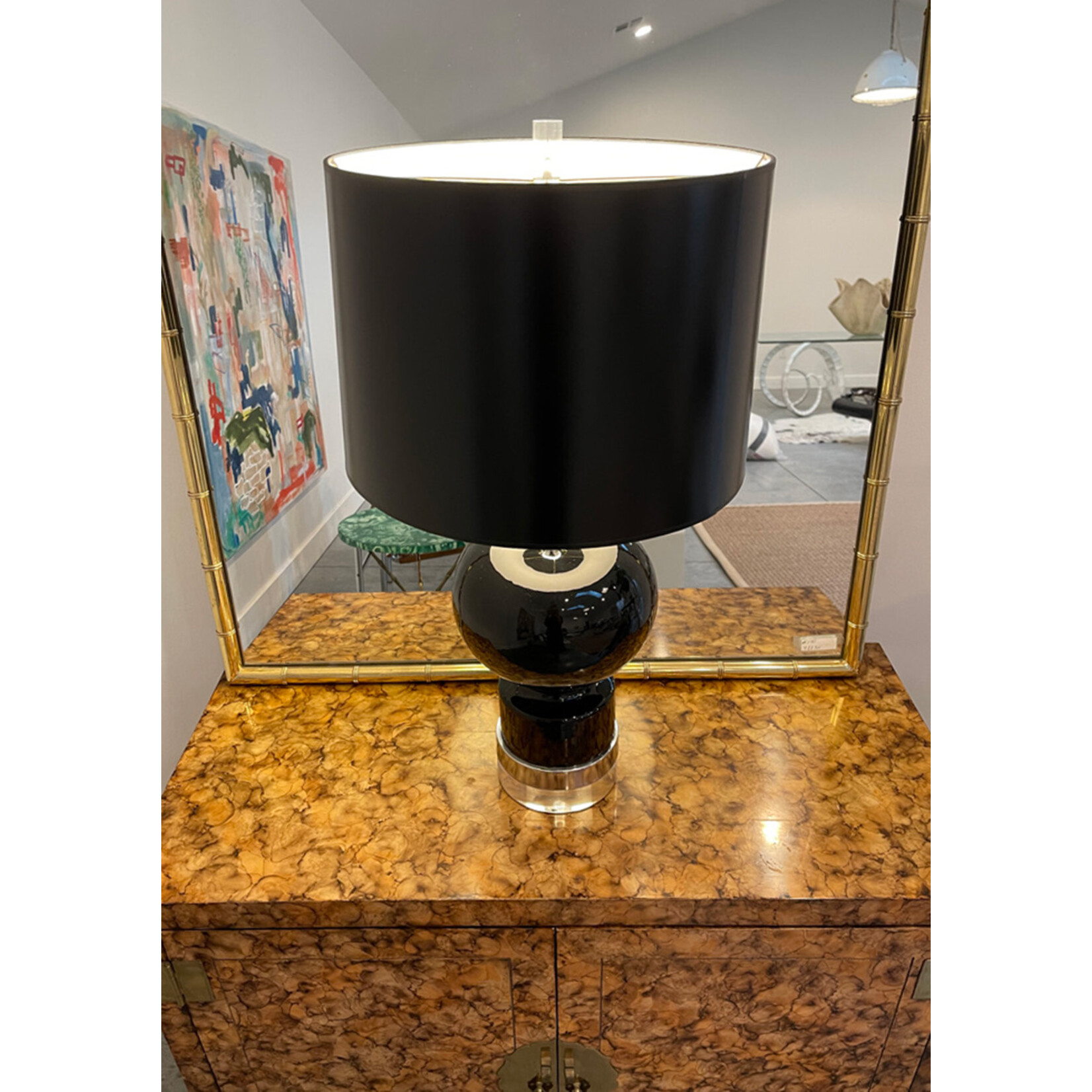 Mid-Century Modern Black Ceramic Lamps with Chrome and Lucite Bases, a Pair