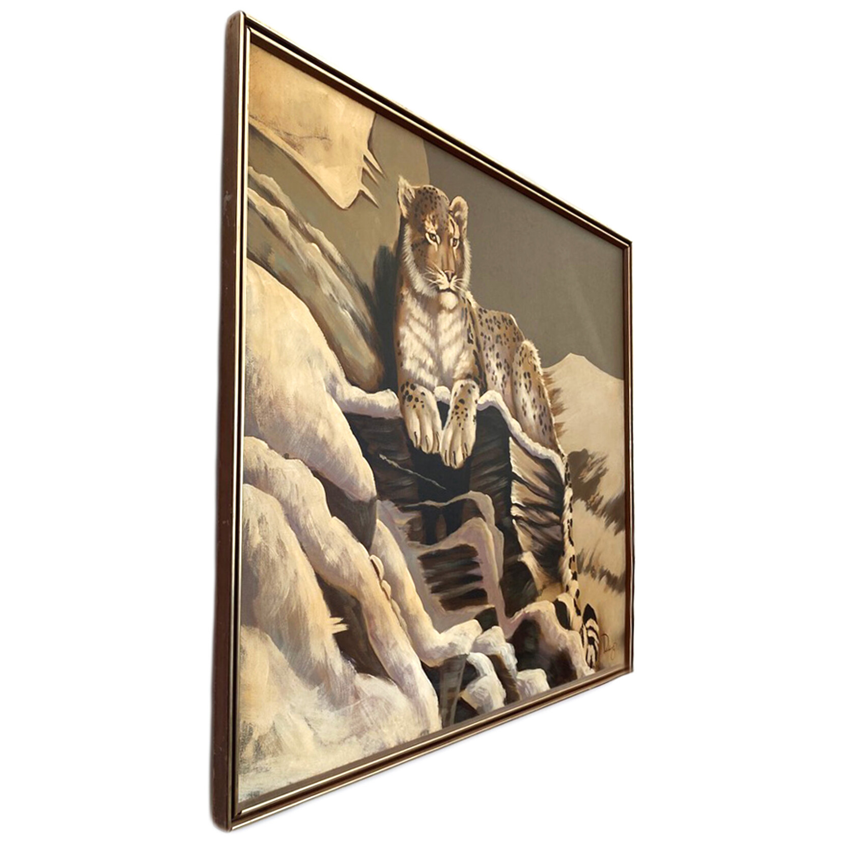 Vintage Mid-Century Large Snow Leopard Painting in Original Frame