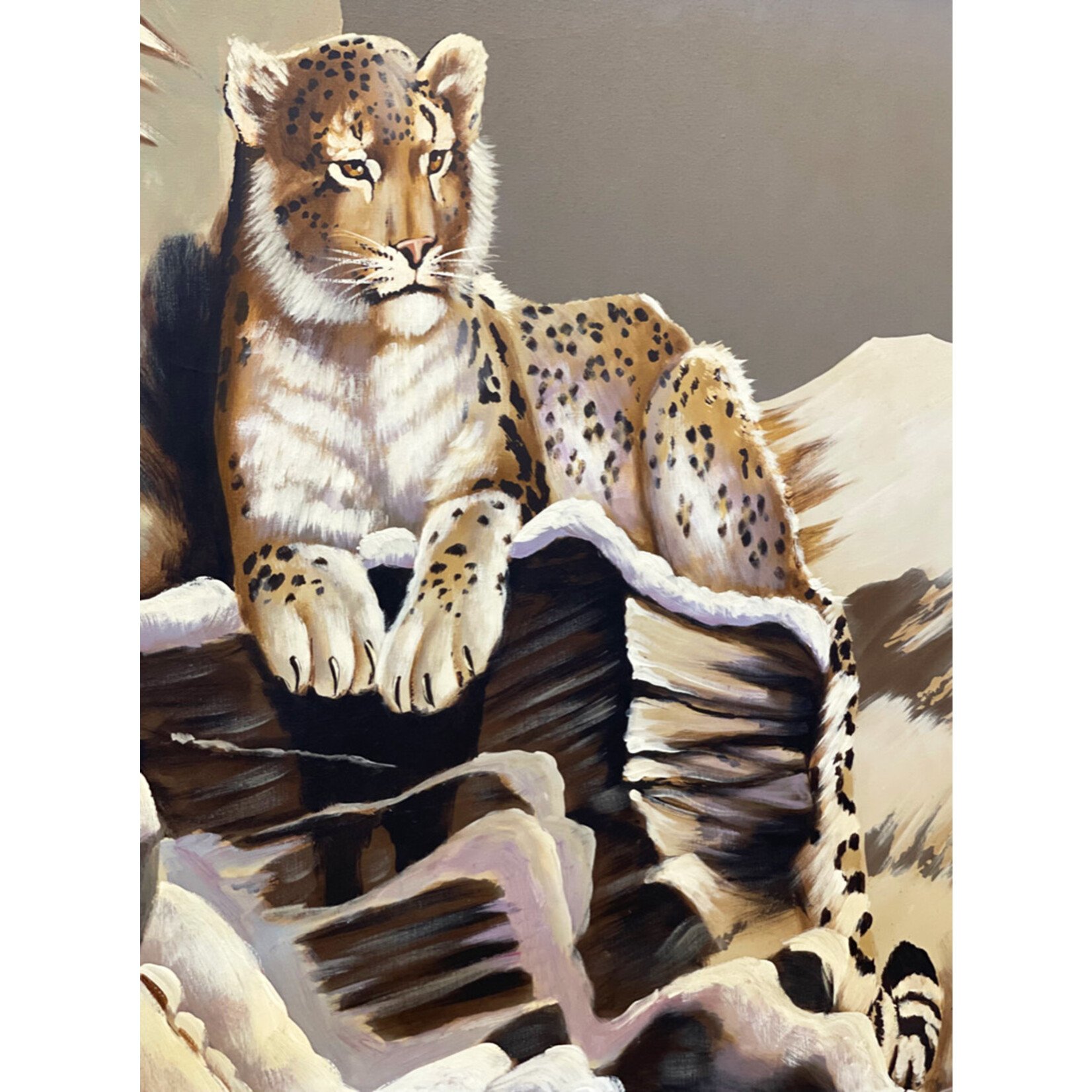 Vintage Mid-Century Large Snow Leopard Painting in Original Frame