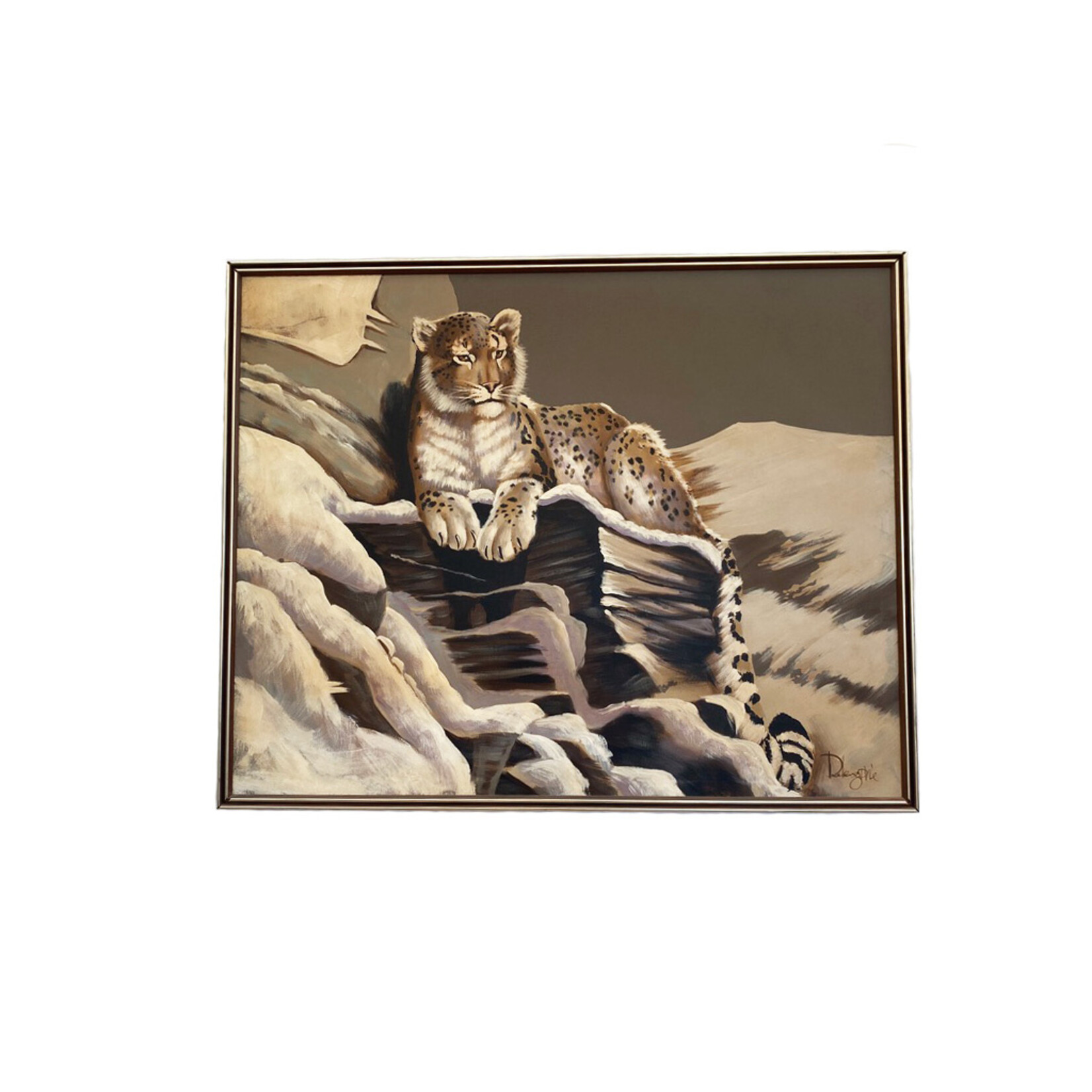 Vintage Mid-Century Large Snow Leopard Painting in Original Frame