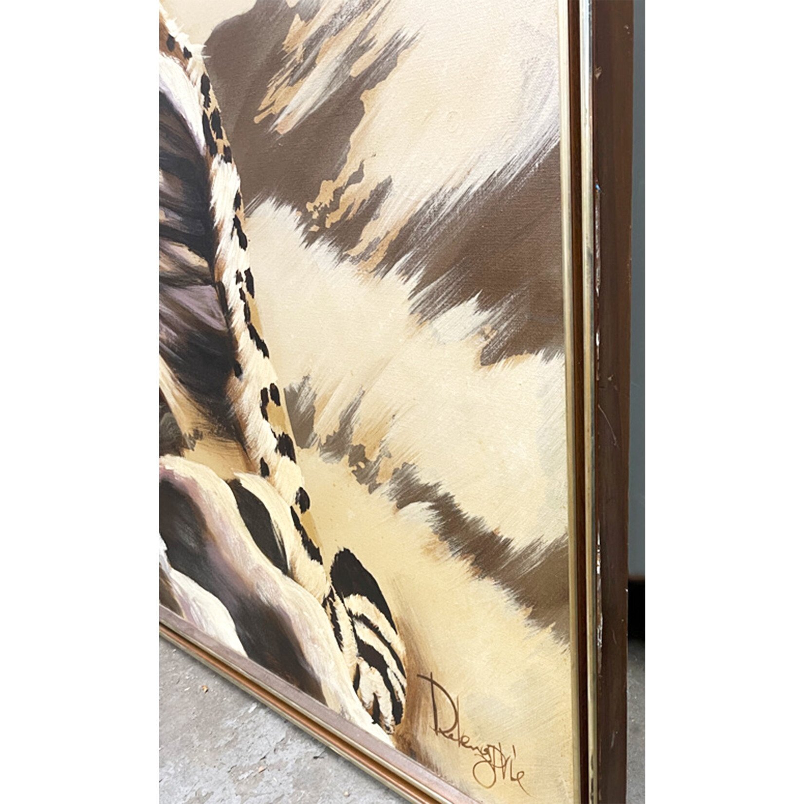 Vintage Mid-Century Large Snow Leopard Painting in Original Frame