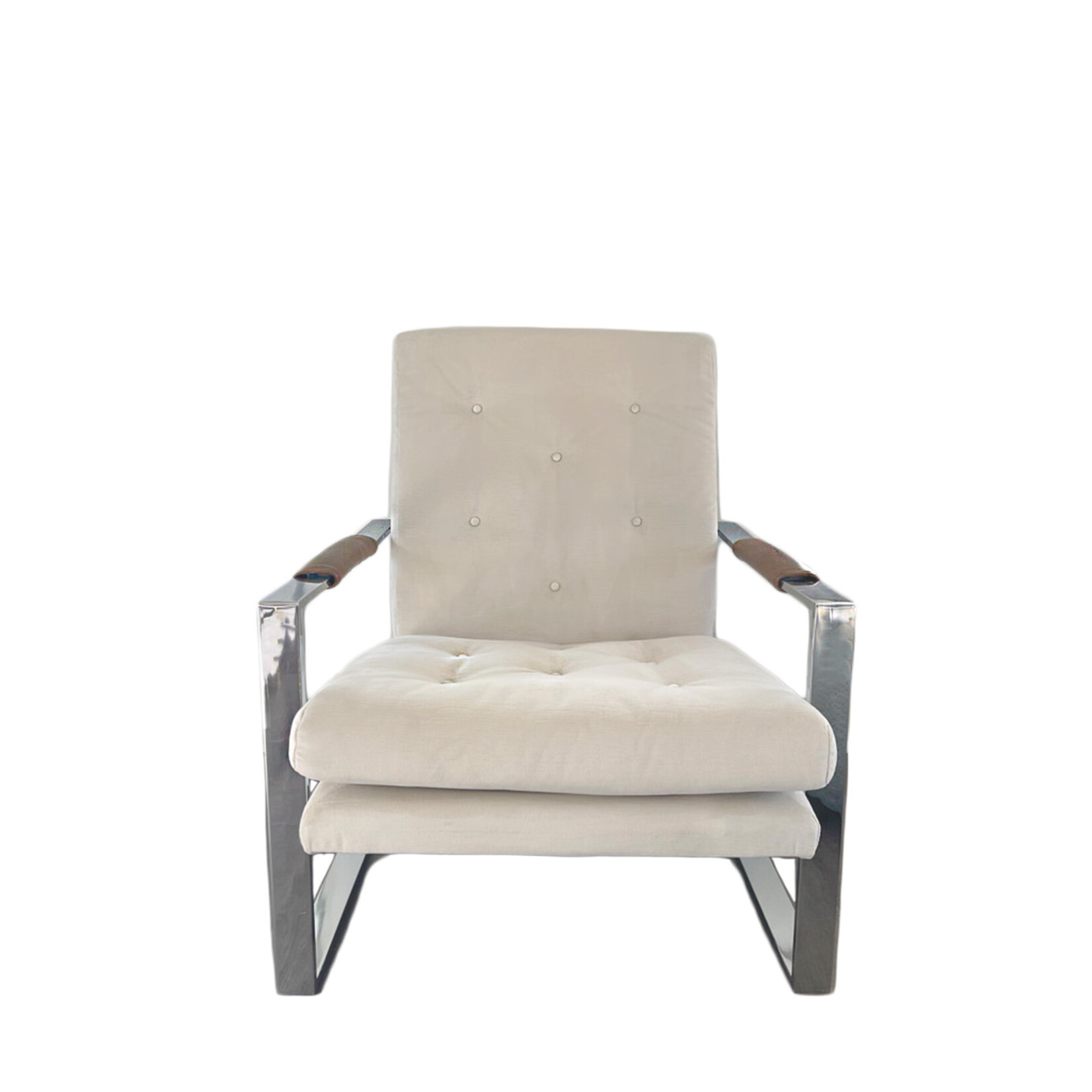 Milo Baughman Chrome Chair with Velvet Upholstery and Leather Armrests