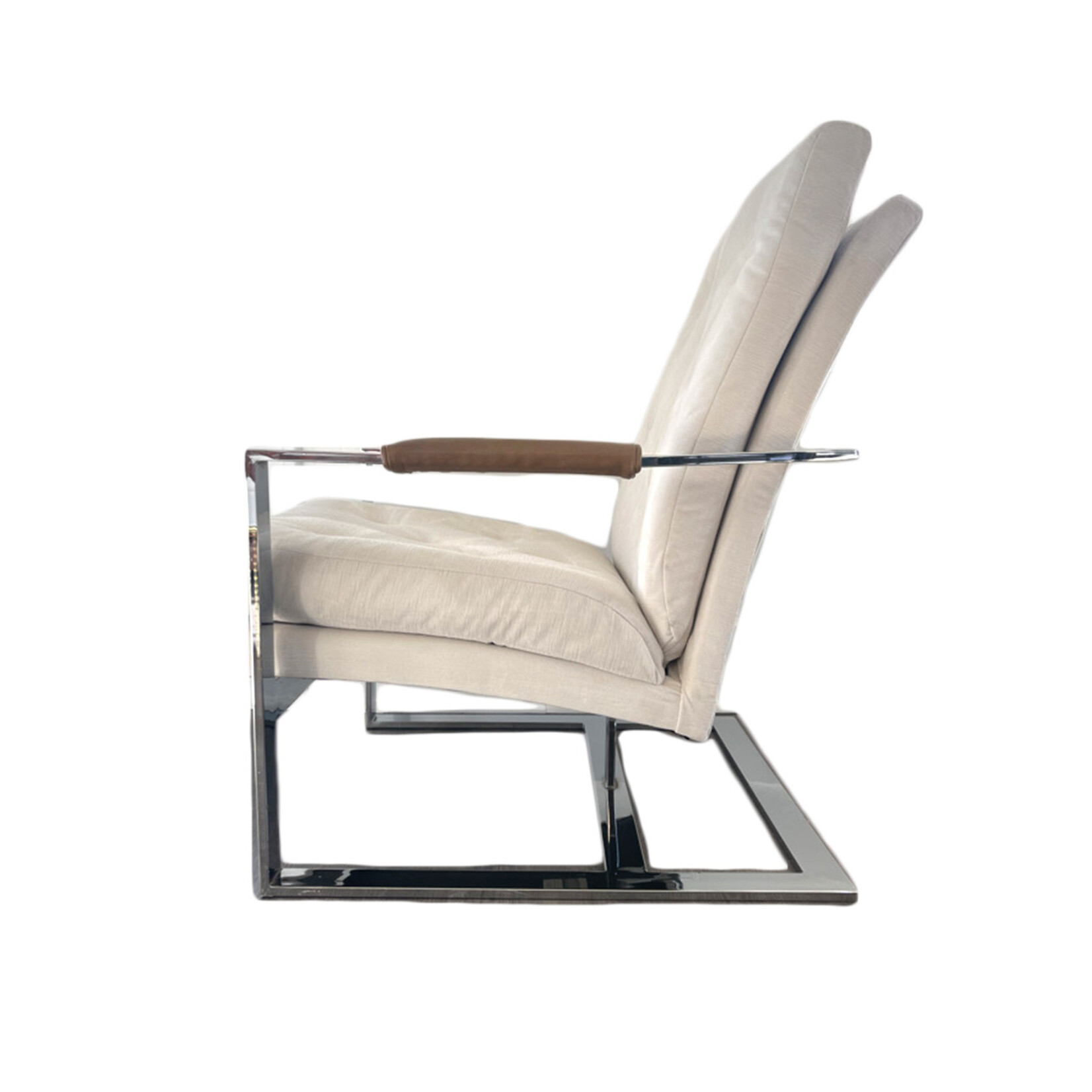 Milo Baughman Chrome Chair with Velvet Upholstery and Leather Armrests