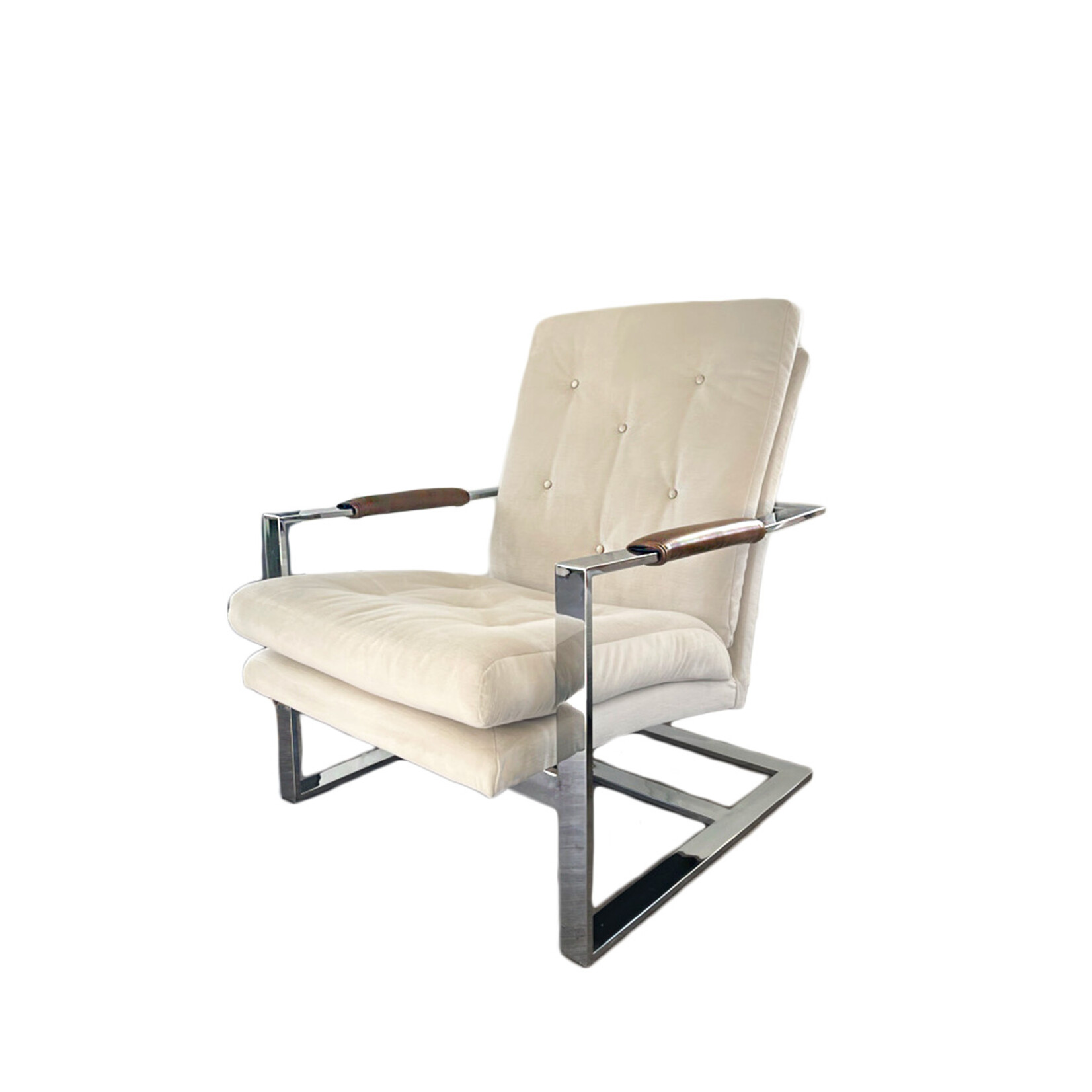 Milo Baughman Chrome Chair with Velvet Upholstery and Leather Armrests