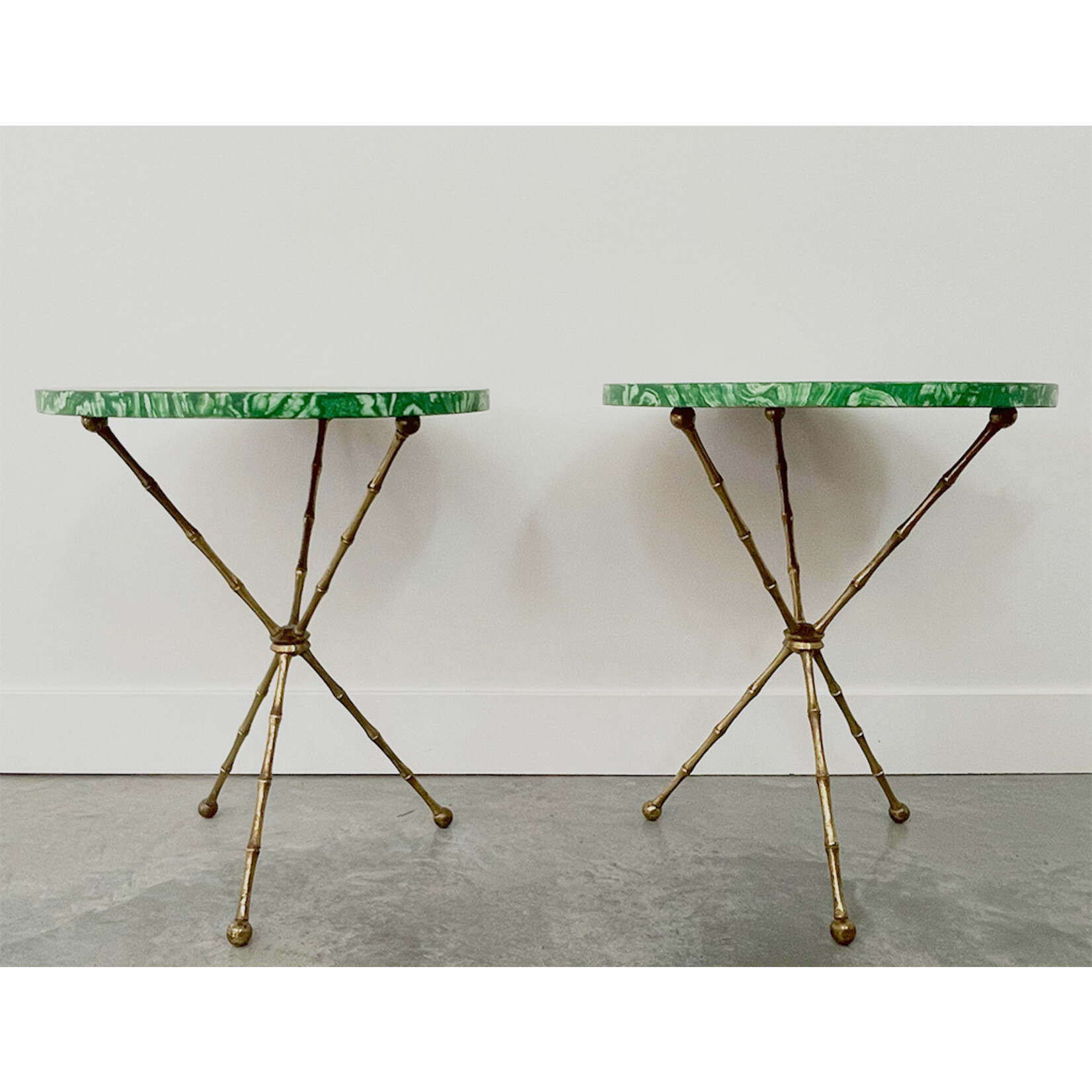 Mid-Century Faux Malachite Painted Brass Tripod Tables, a Pair