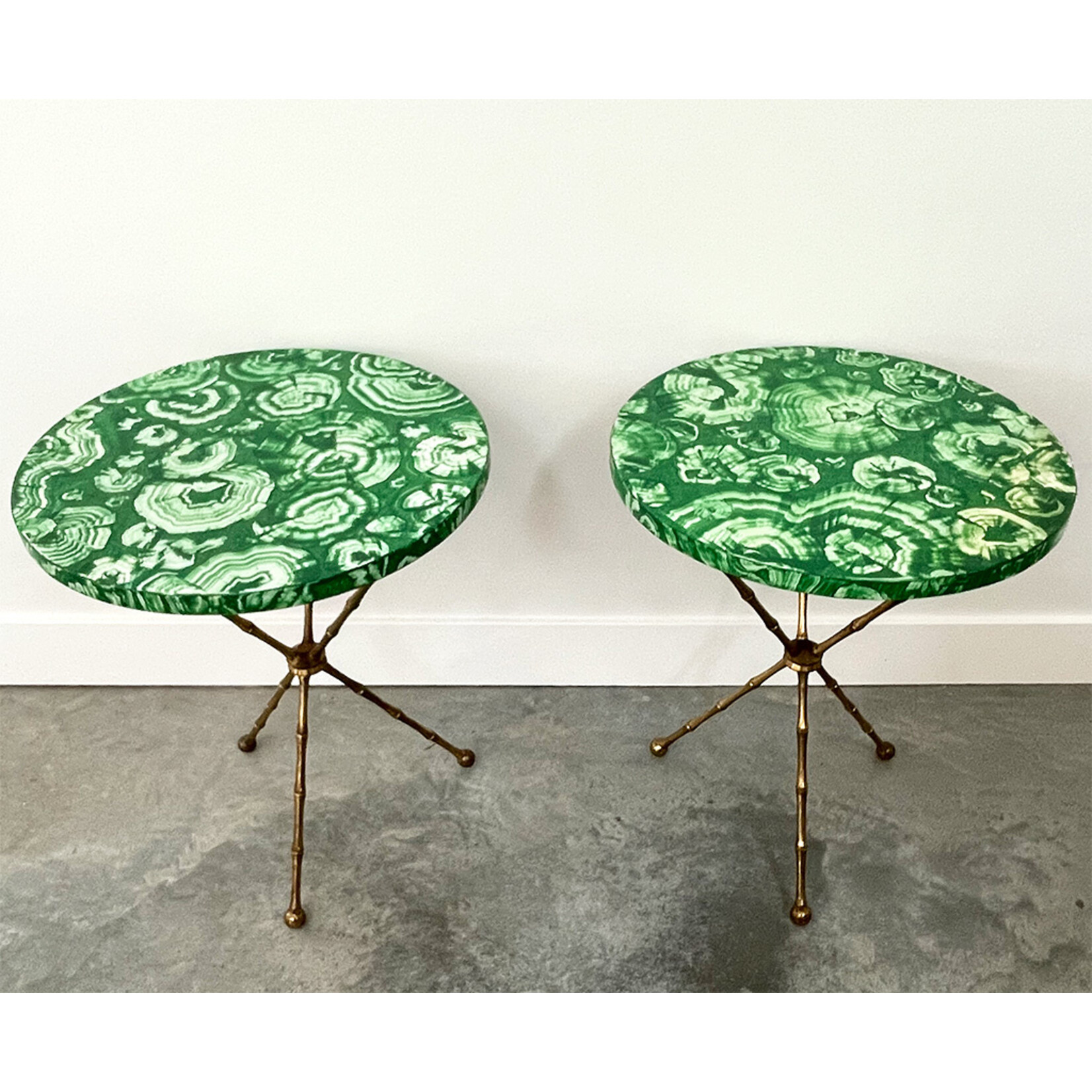 Mid-Century Faux Malachite Painted Brass Tripod Tables, a Pair