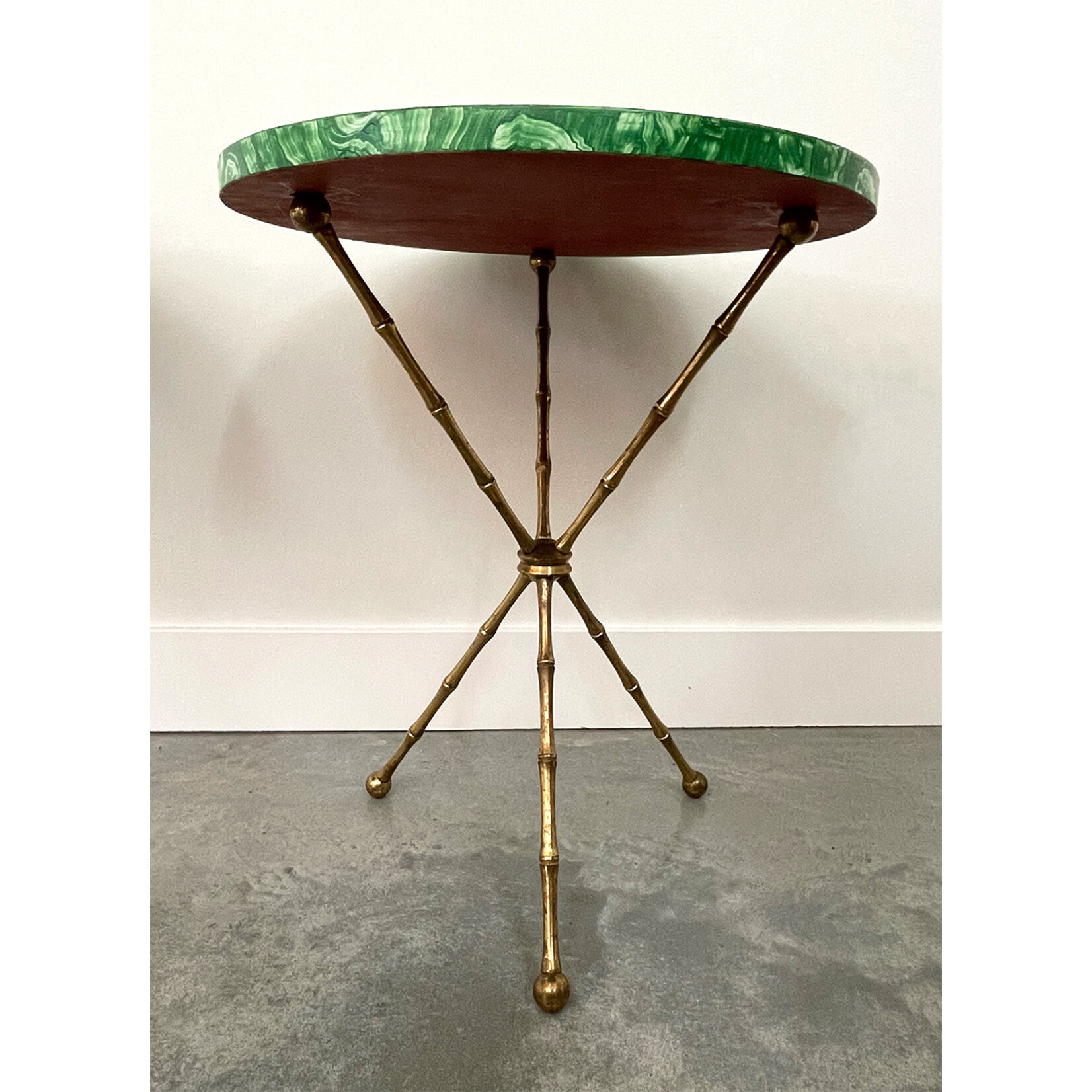 Mid-Century Faux Malachite Painted Brass Tripod Tables, a Pair