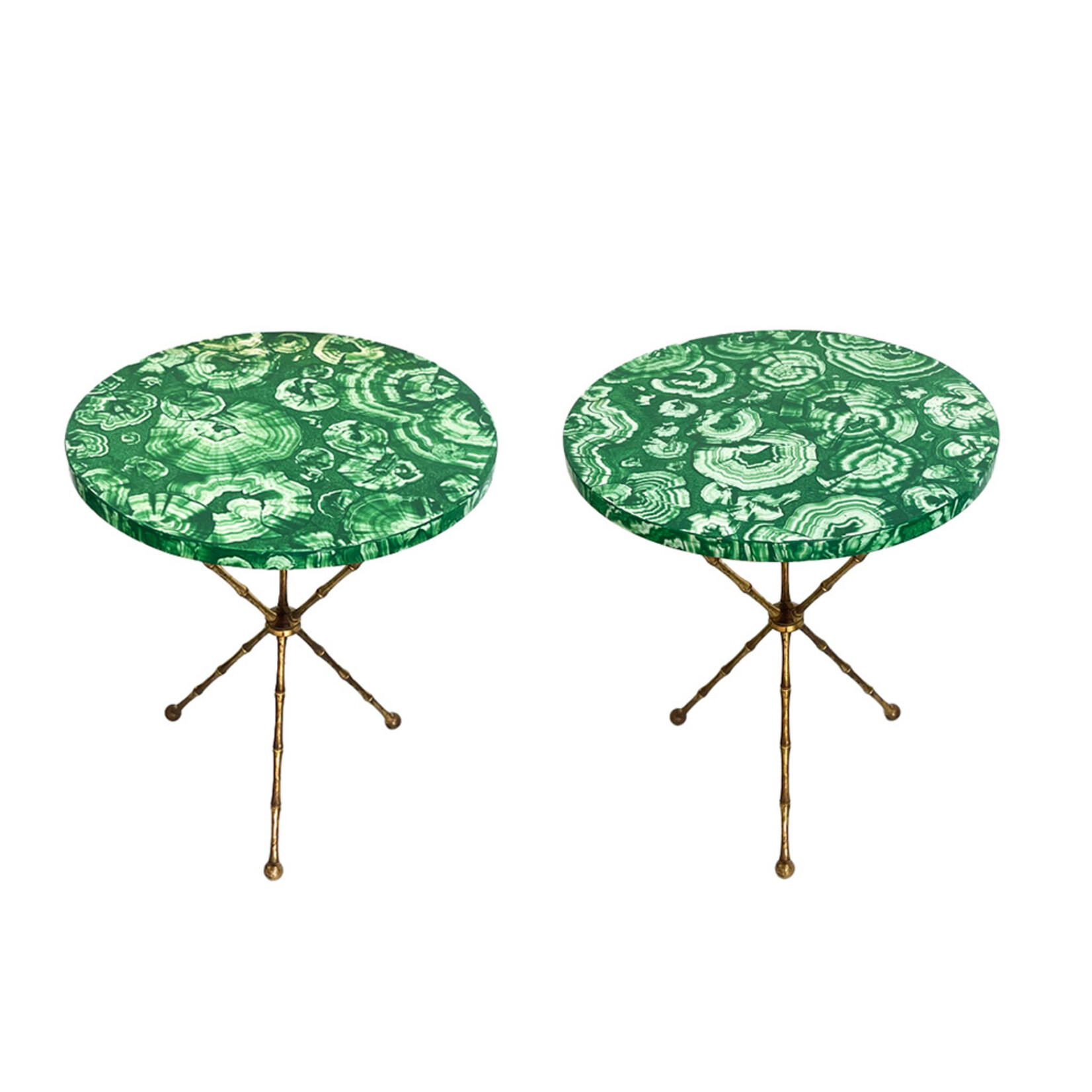 Mid-Century Faux Malachite Painted Brass Tripod Tables, a Pair