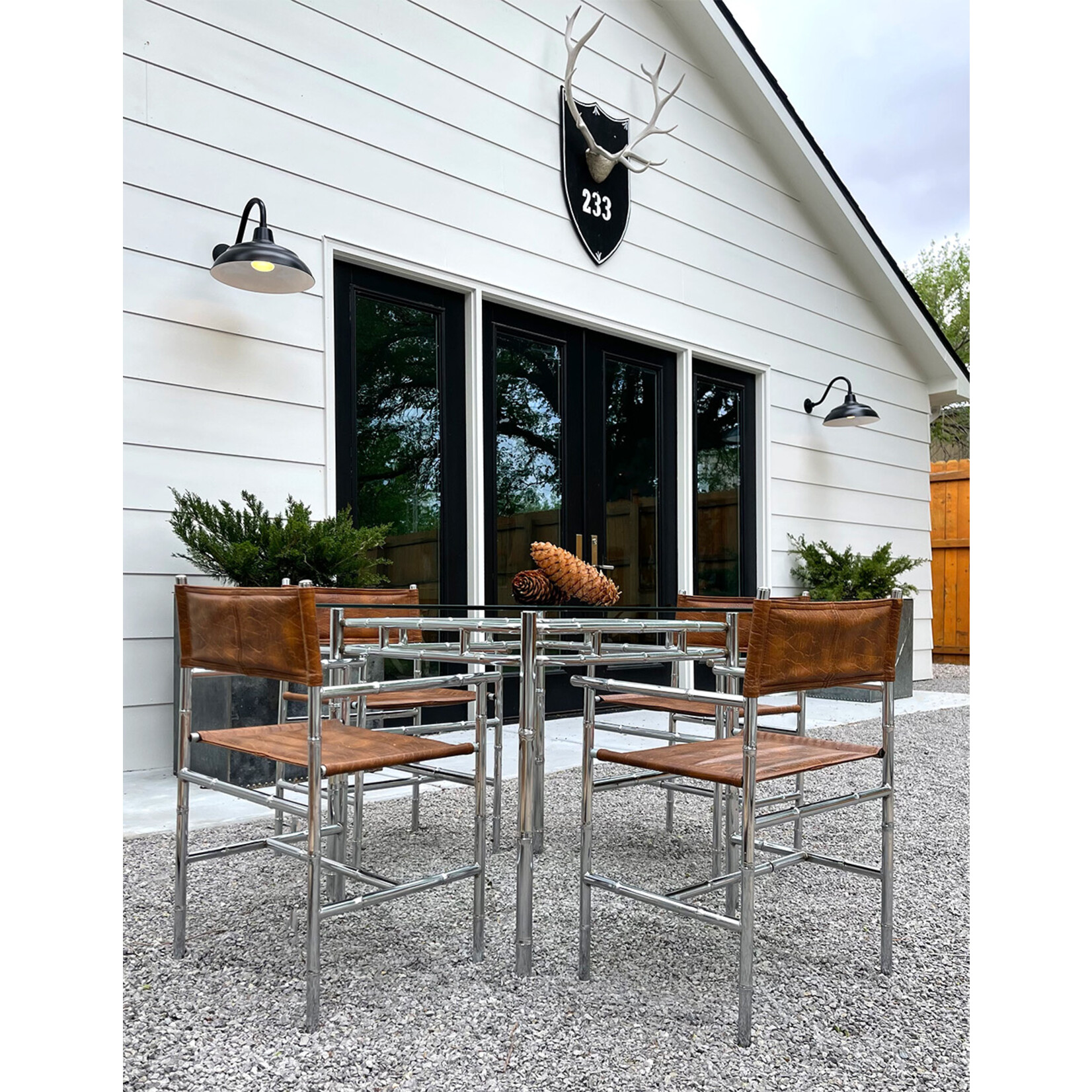 Mid-Century Modern Chrome Bamboo Table with Glass Top and Four Chairs