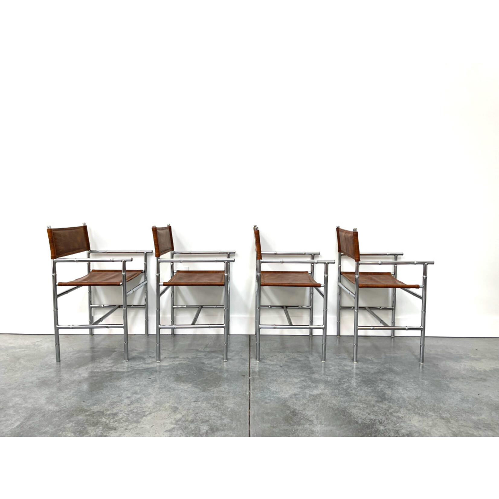 Mid-Century Modern Chrome Bamboo Table with Glass Top and Four Chairs