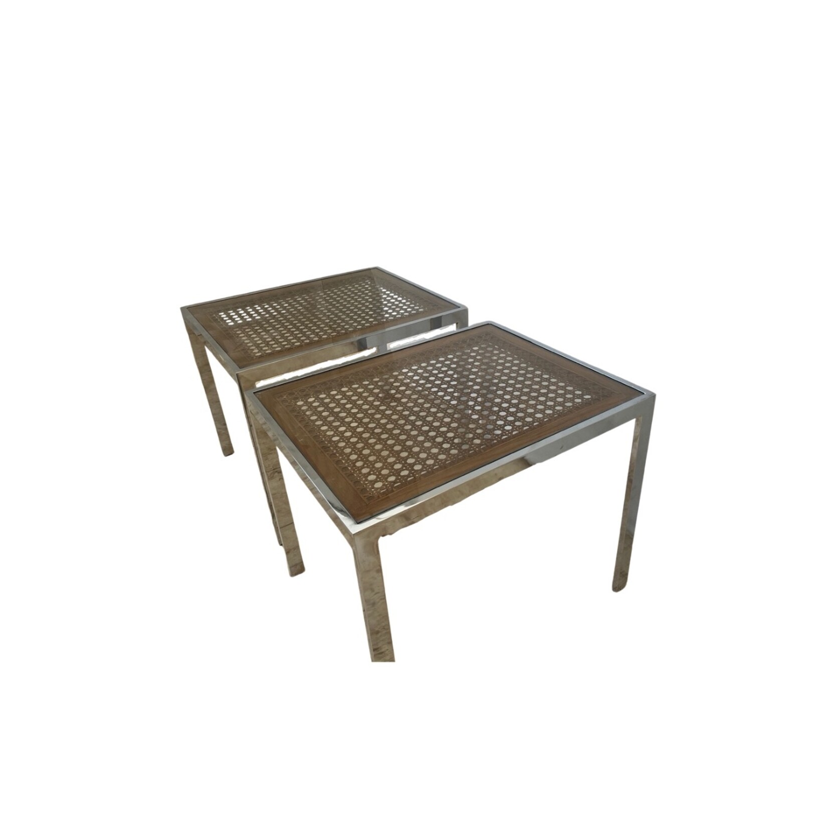 Pair of Mid-Century Modern chrome tables with woven cane under glass by Milo Baughman, versatile as side or cocktail tables with striking chrome and cane contrast.