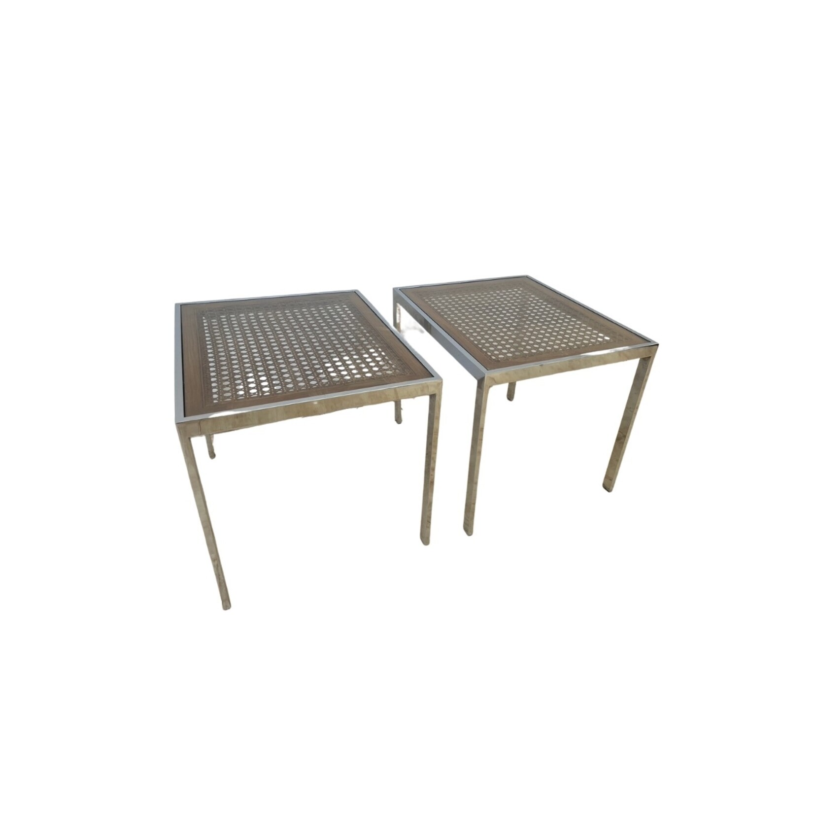 Pair of Mid-Century Modern chrome tables with woven cane under glass by Milo Baughman, versatile as side or cocktail tables with striking chrome and cane contrast.