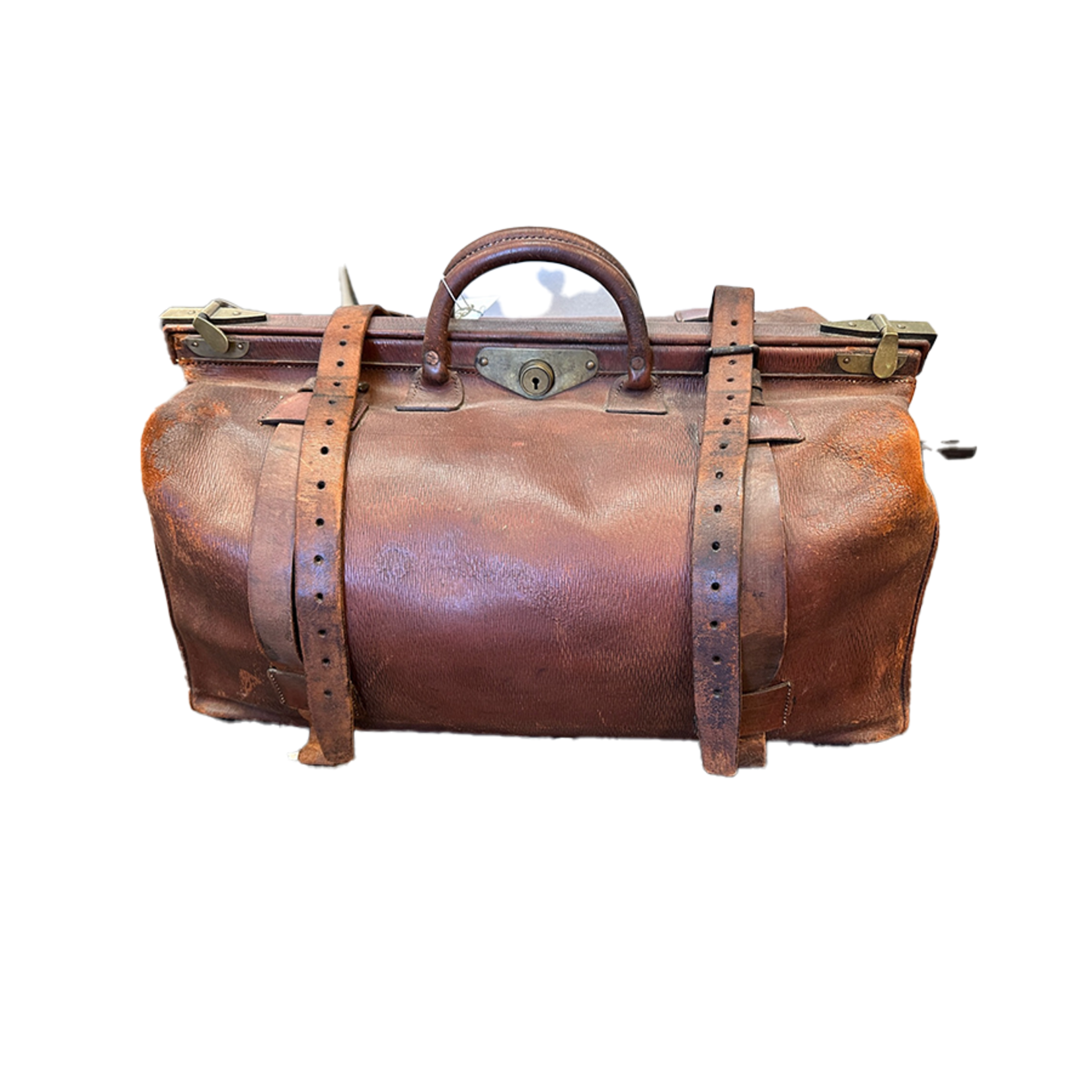 19th Century Large Antique Leather Traveling Luggage with Brass Accents