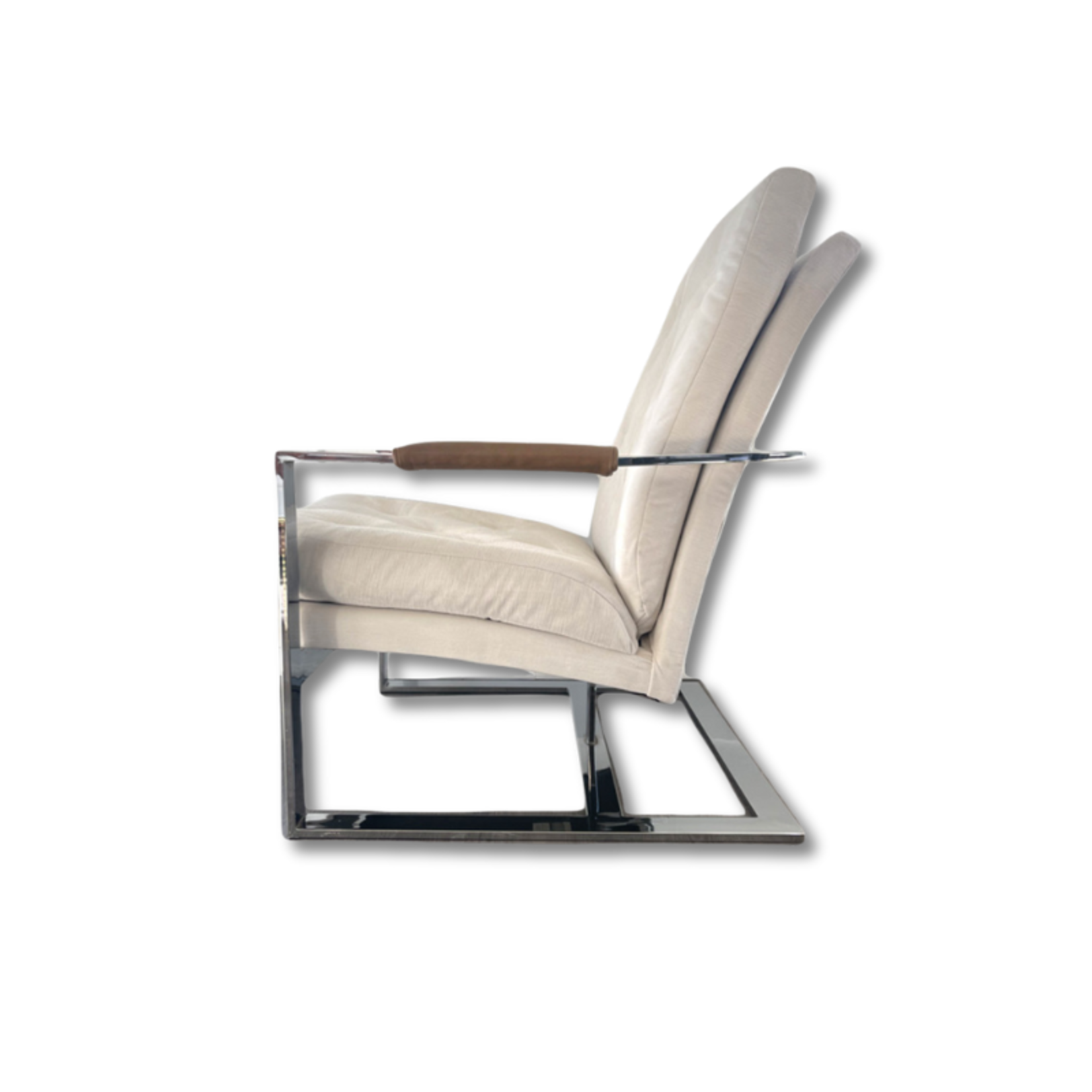 Milo Baughman Chrome Chair with Velvet Upholstery and Leather Armrests