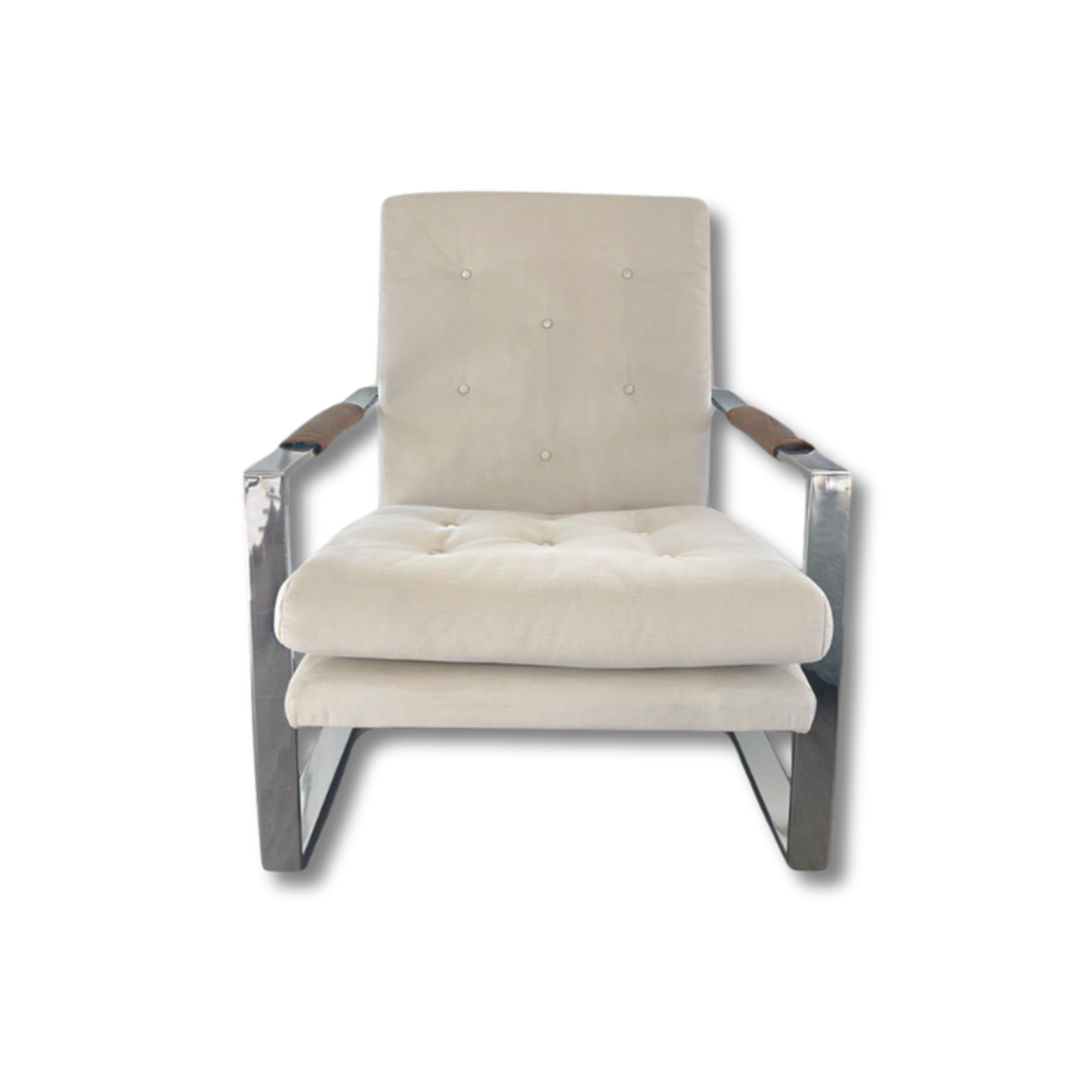 Milo Baughman Chrome Chair with Velvet Upholstery and Leather Armrests