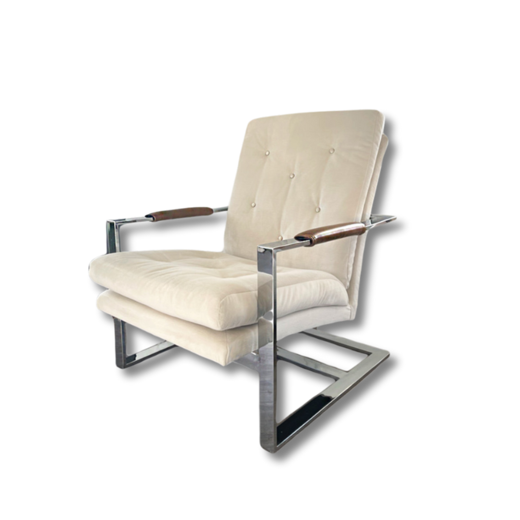 Milo Baughman Chrome Chair with Velvet Upholstery and Leather Armrests