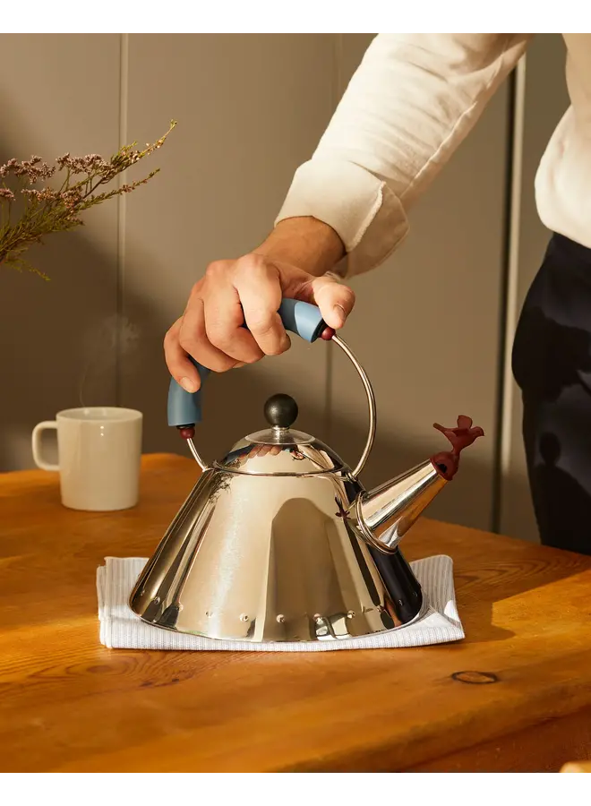 ALESSI 18/10 STAINLESS STEEL KETTLE – MIRROR POLISHED WITH LIGHT BLUE HANDLE