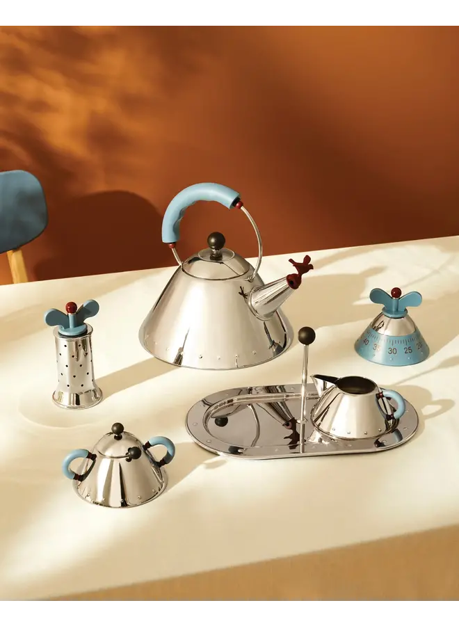 ALESSI 18/10 STAINLESS STEEL KETTLE – MIRROR POLISHED WITH LIGHT BLUE HANDLE