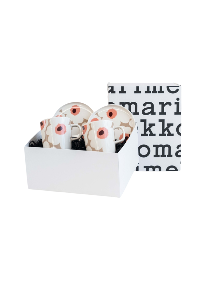 MUG & PLATE SET-  UNIKKO MUG 2,5 DL PINK & BEIGE + 13.5CM ROUND PLATE