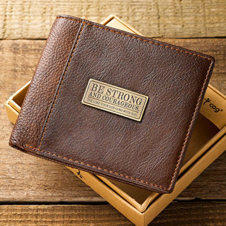Men's  Leather Wallet - Be Strong and Courageous, Brown
