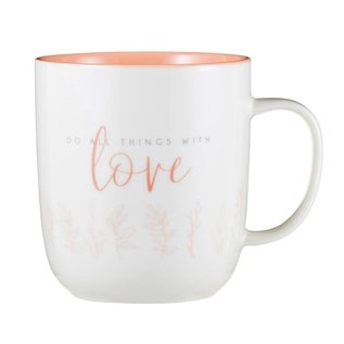 Mug - All Things with Love, White with  Coral Interior (14 oz)