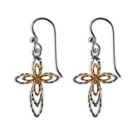 Earrings - Cross, Silver and Gold Raised Open Design