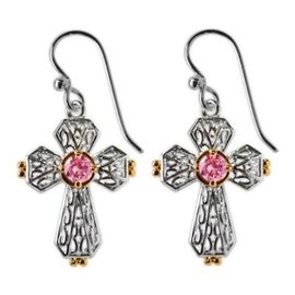 Earrings - Cross, Silver w/ Gold and Pink Cubic Zirconia