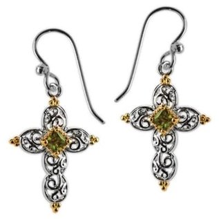 Earrings - Cross, Silver w/ Gold and Olivine Cubic Zirconia
