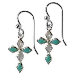 Earrings - Cross, White Faux Mother of Pearl and Faux Turquoise Diamond