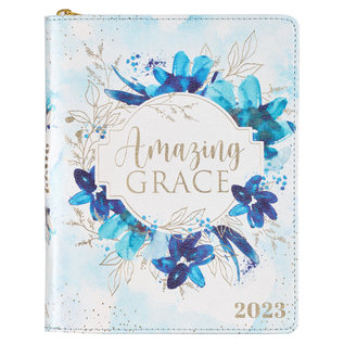 2023 Planner - Amazing Grace, Blue Floral Faux Leather w/ Zipper