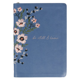 Journal - Be Still & Know, Blue Floral Faux Leather, Zippered