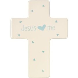 Cross - Jesus Loves Me, Ivory w/ Blue Hearts