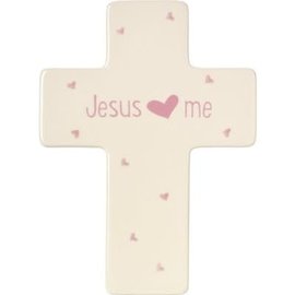 Cross - Jesus Loves Me, Ivory w/ Pink Hearts