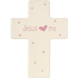 Cross - Jesus Loves Me, Ivory w/ Pink Hearts